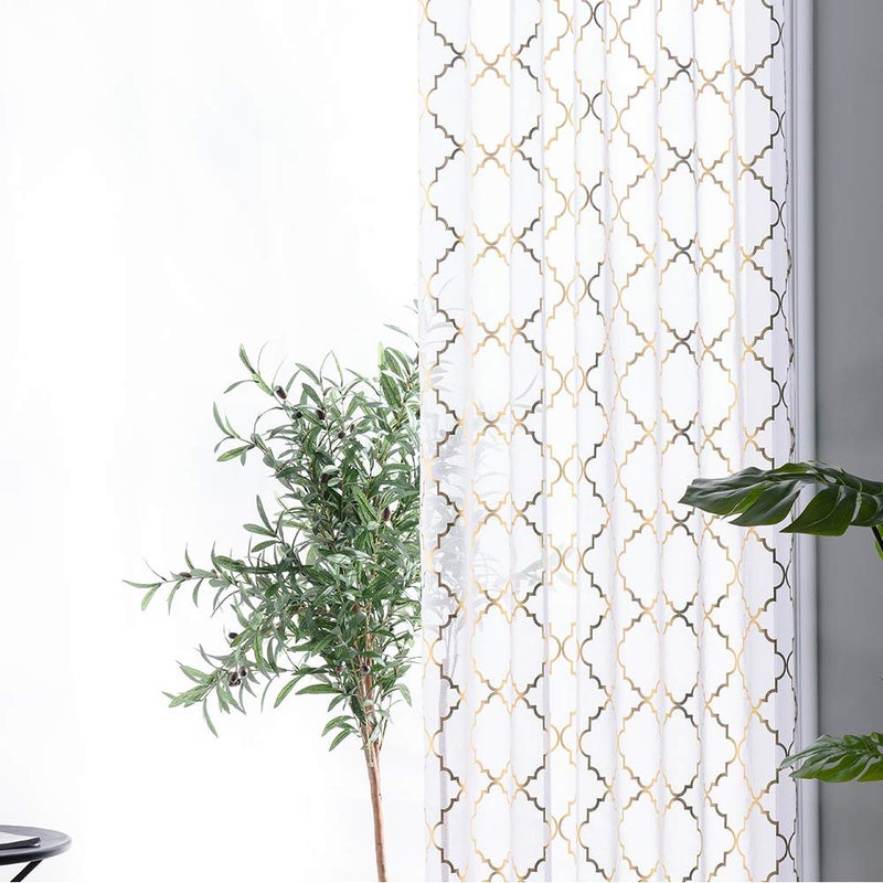 YJ YANJUN White Sheer Curtains 84 inches Long Trellis Gold Foil Curtains for Living Room Bedroom Set of 2 Panles, 52 x 84 inch - Image 4